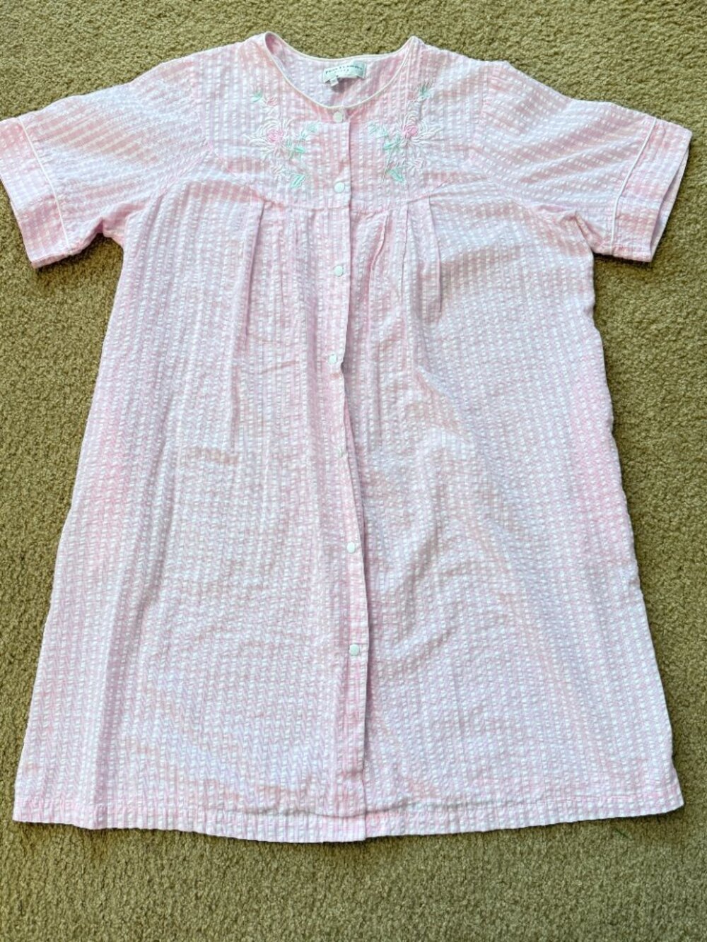 Miss Elaine Pink Embroidered Check Plaid Snap SEERSUCKER Lounge Robe Vintage 2X